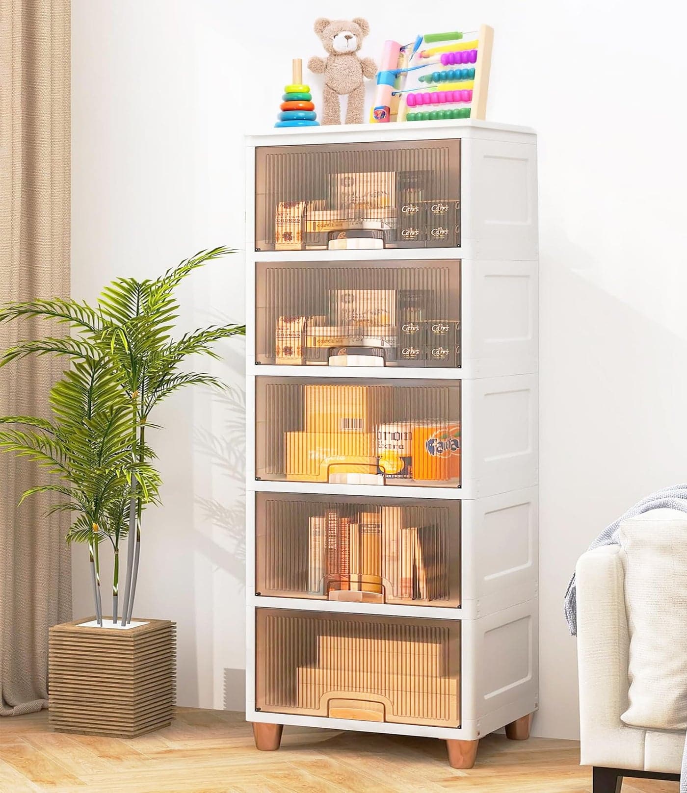 EXVITO Plastic Cupboard for Storage - Collapsible Wardrobes for Clothes | Almirah for Clothes | Folding Storage Box | Stackable Storage Bins with Door Space Saving Closet (Beige-A, 5 Tier)