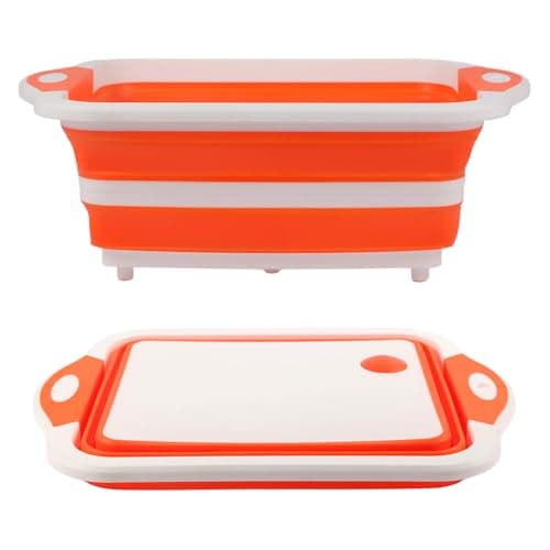 Collapsible BBQ Prep Tub/Cutting Board 10L, Foldable Dish Tub with Colander, Portable Camping Sink, Multifunction Dishing Basin Bucket Wash Tub for Kitchen Fruit Vegetable Picnic (Orange)