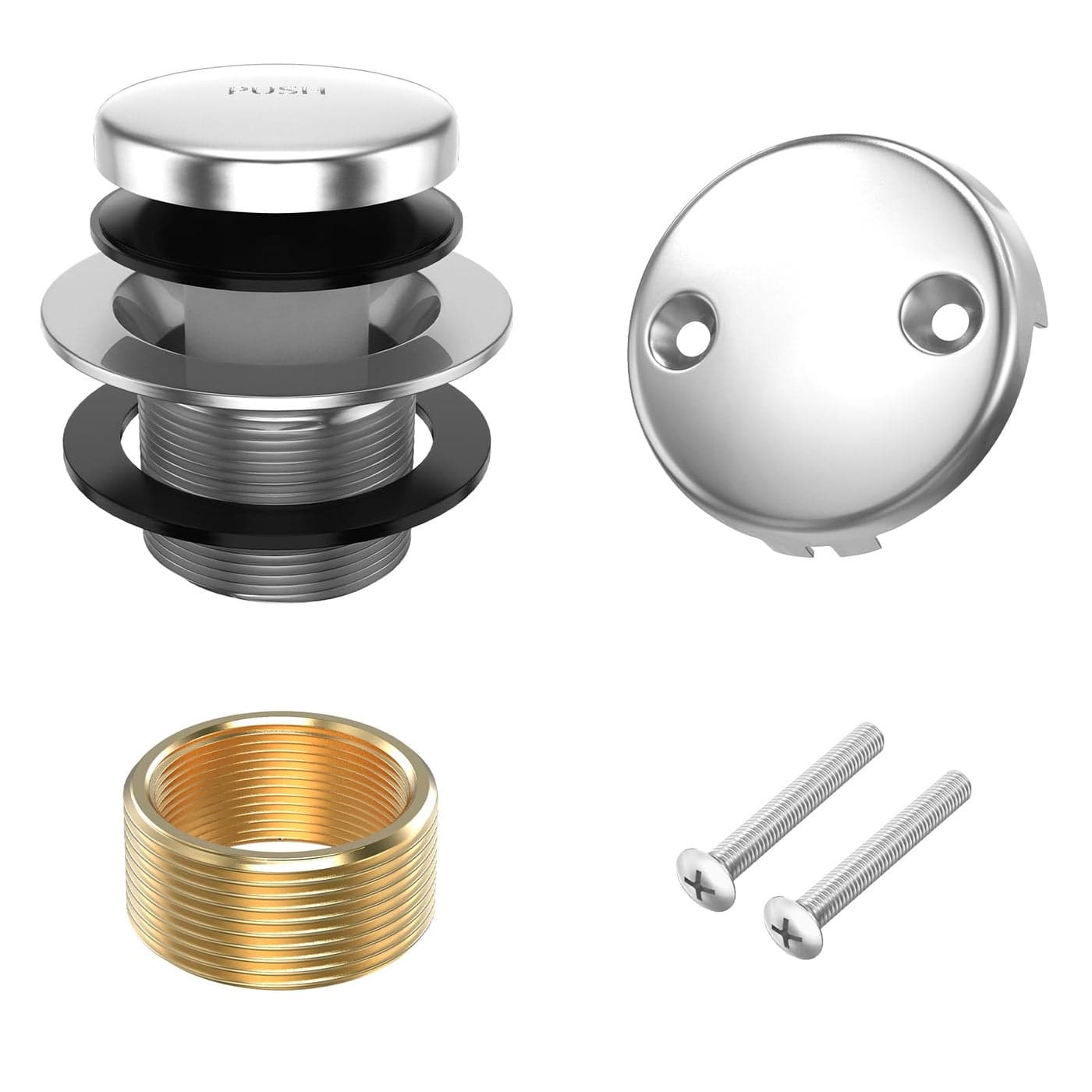 All Metal TipToe Bathtub Drain Kit with TwoHole Overflow Faceplate and Universal FineCoarse Thread Assembly Bath Tub Drain Kit fits All Bathtub Chrome Plated