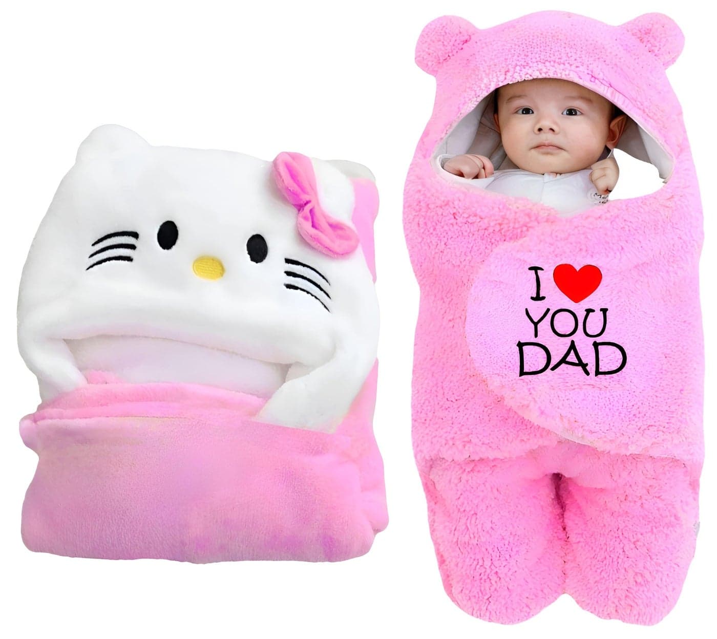 Swissberry Baby Bedding Sets, Blankets Newborn Pack of Hooded Wrapper, Swaddler for Baby Boys and Girls, 0-6 Months, L 80 cm x B 80 cm, Pack of 2 pcs (Pink Kitty & Pink Dad)
