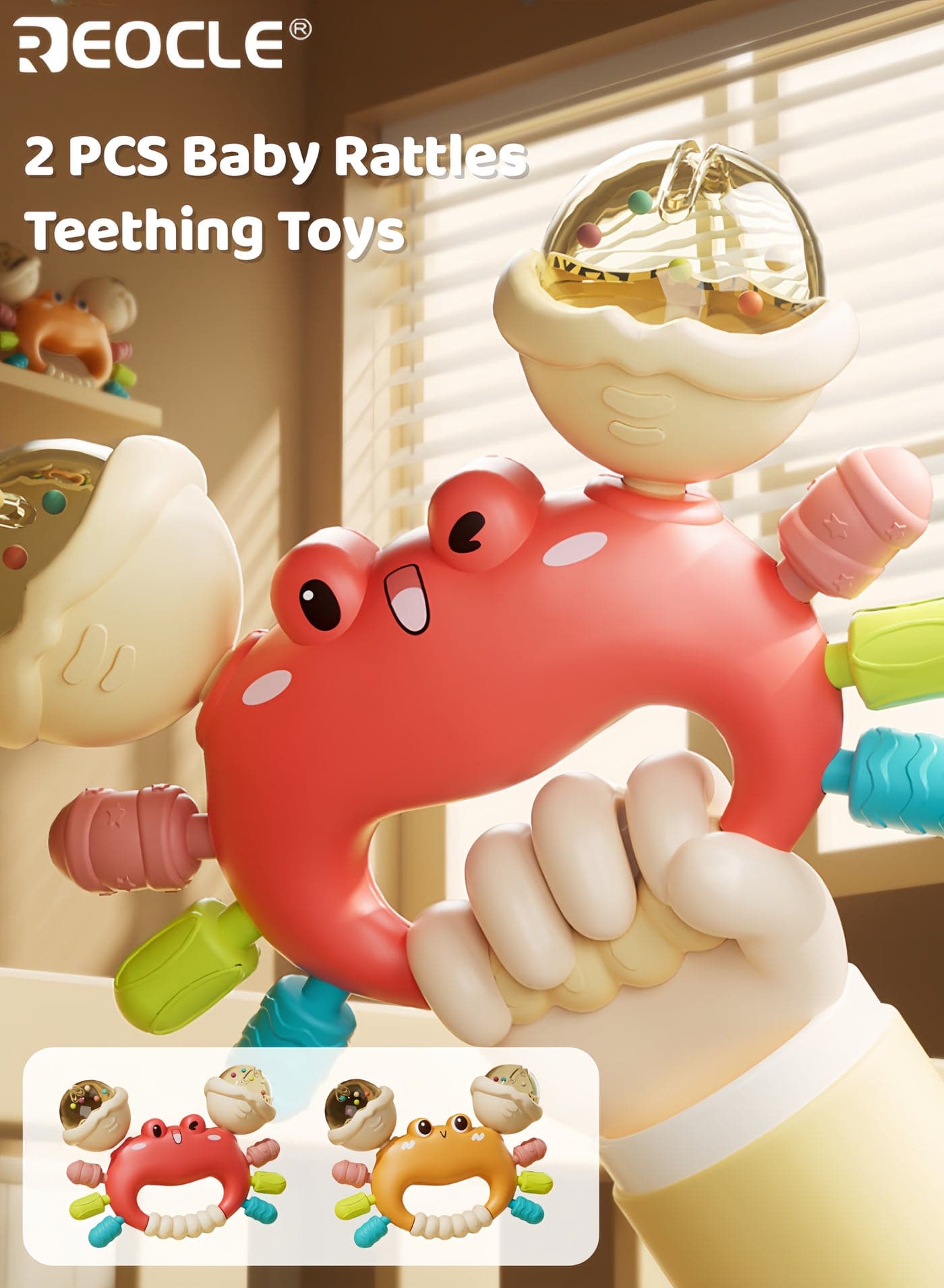 2PCS Baby's Crab Teether Rattles with Soft Silicone and Grasping Ball Design Infant Sensory Toys with Chewable Texture for 0-12 Months Play