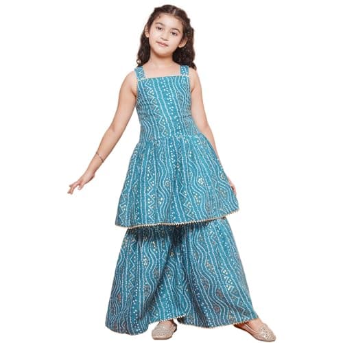 AJ DEZINES Kids Ethnic Wear Cotton Bandhani Printed Sleeveless A Line Blue Kurta Sharara Set For Girls (G-1115-BLUE-26)