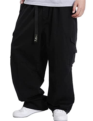 Kinghua Mens Baggy Cargo Pants Casual Loose Fit Elastic Waist Cotton Twill Cargo Pants (44, Black)