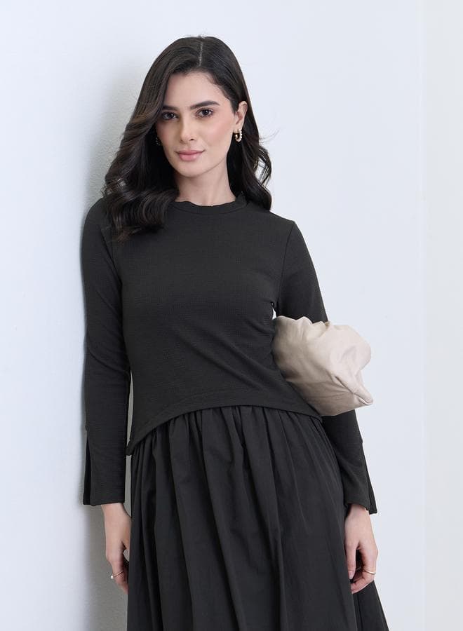 Women Black Long Sleeves A-Line Midi Dress