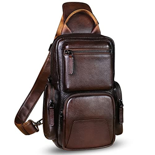 IVTG Genuine Leather Sling Bag Crossbody Casual Hiking Daypack Vintage Handmade Chest Bag Shoulder Backpack Motorcycle Pack (Coffee)
