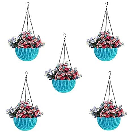 Bianco Round Rattan Woven Hanging Planters with Hanging Chain, Hanging Pots for Plants Balcony (Light Blue, Set of 5, 7.1x4.8 Inch)