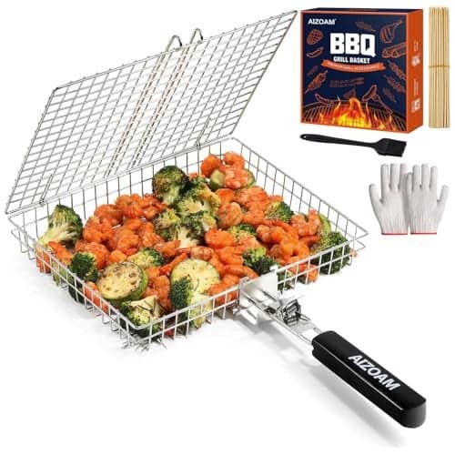 AIZOAM Grill Basket - Grill Baskets for Outdoor Grill, Stainless Steel Large Grilling Basket w Removable Handle, Portable Fish Grilling Rack for Grill Ideal Meat Fish Vegetables Grilling Accessories