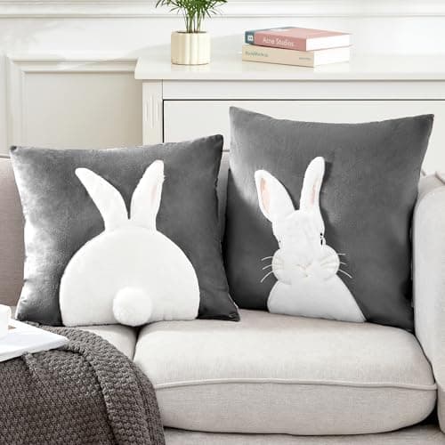 Arciveberg Pack of 2 Spring Easter Pillow Covers 18x18 Inch3D Embroidered Bunny Rabbit Pillowcase Throw Covers Velvet Easter Decorative Cushion Cover Gray2PCS