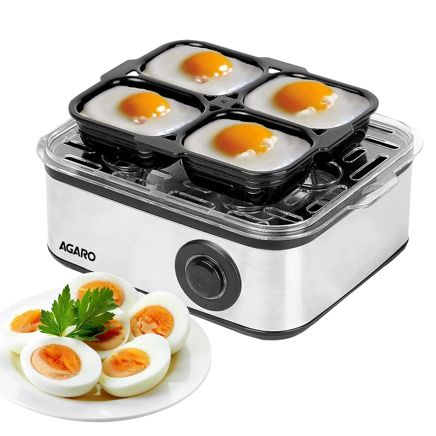 AGARO Grand Egg Boiler and Poacher2in1 Boils 8 Eggs Poach 4 Eggs Steamed Vegetables 3 Boiling Modes Stainless Steel Body Transparent Lid 500 Watts Silver 14 Ounces414 ml