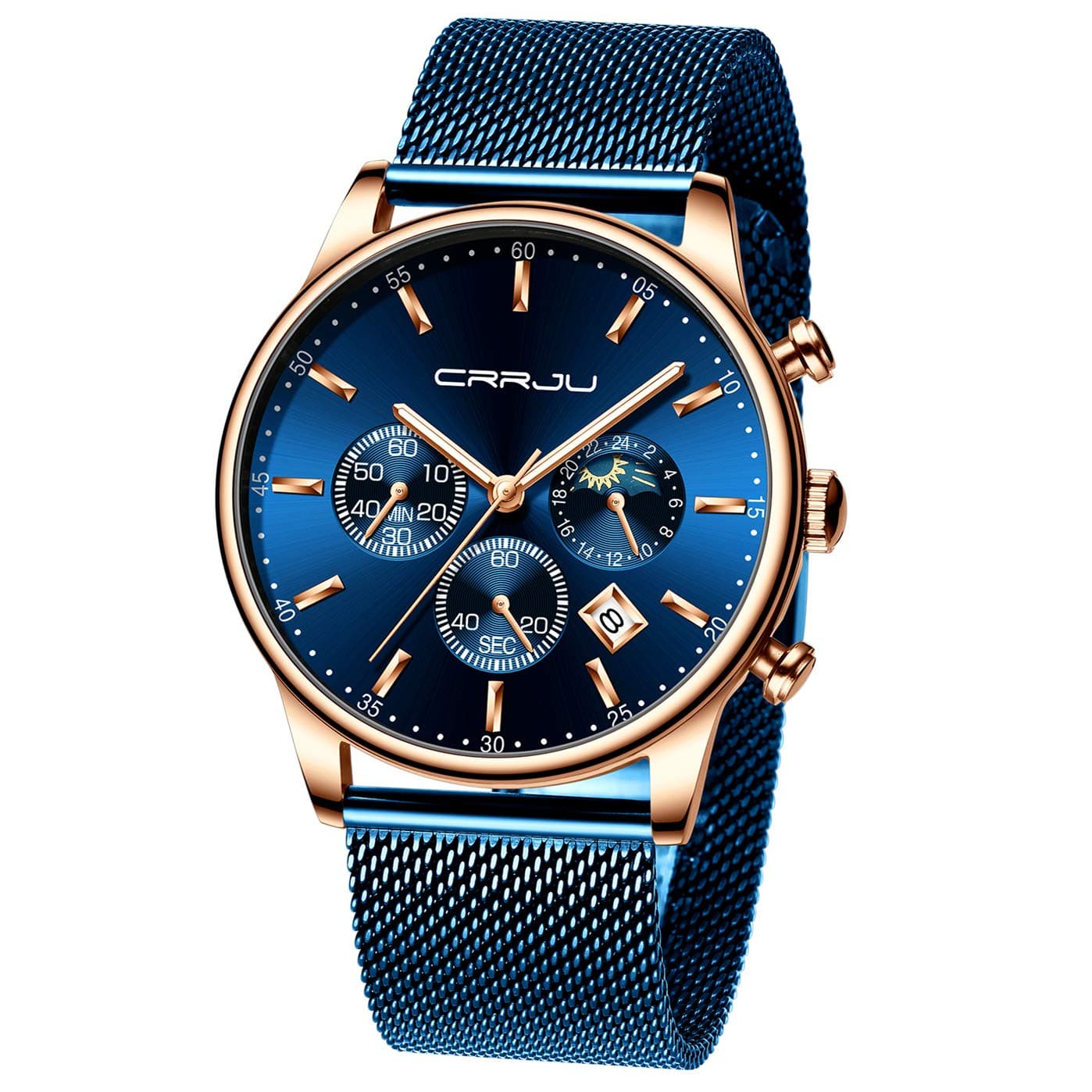 CRRJU Men's Blue Date Quartz Watches Fashion Casual Waterproof 30M Stainless Steel Watch for Men with Mesh Strap