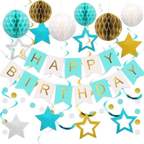 meowtastic Birthday Decorations Happy Birthday Banner with Honeycomb Balls Stars Hanging Swirls Streamers Circle Dots Garland Happy Birthday Party Decorations for Women Men Boys Girls Mint