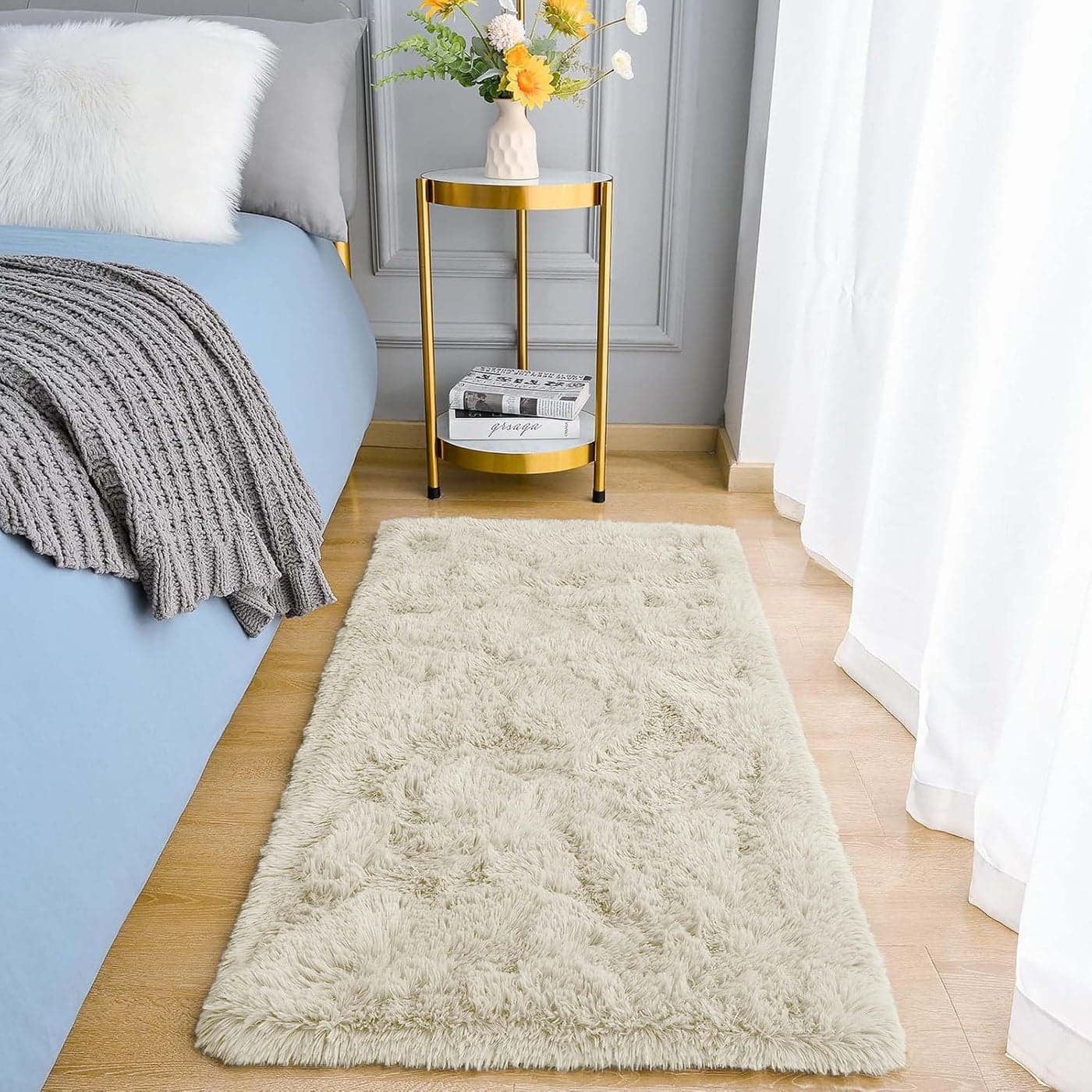 Aspire Homeware Fluffy Bedroom Rug Cream Bedroom Runner 60x110cm Area Rugs for Living Room Plush Carpet Modern Soft Shaggy Pile Faux Fur Rug for Home