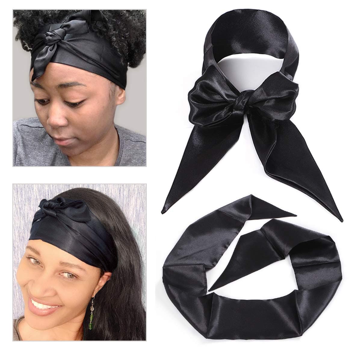 Leeven 2 Pcs Silky Satin Edge Scarves 45x54 Large Wig Grip Band Women Satin Headband For Lace front Wigs Non Slip Hair Wrap Black Satin Edge Laying Scarf For Makeup FacialSportYoga