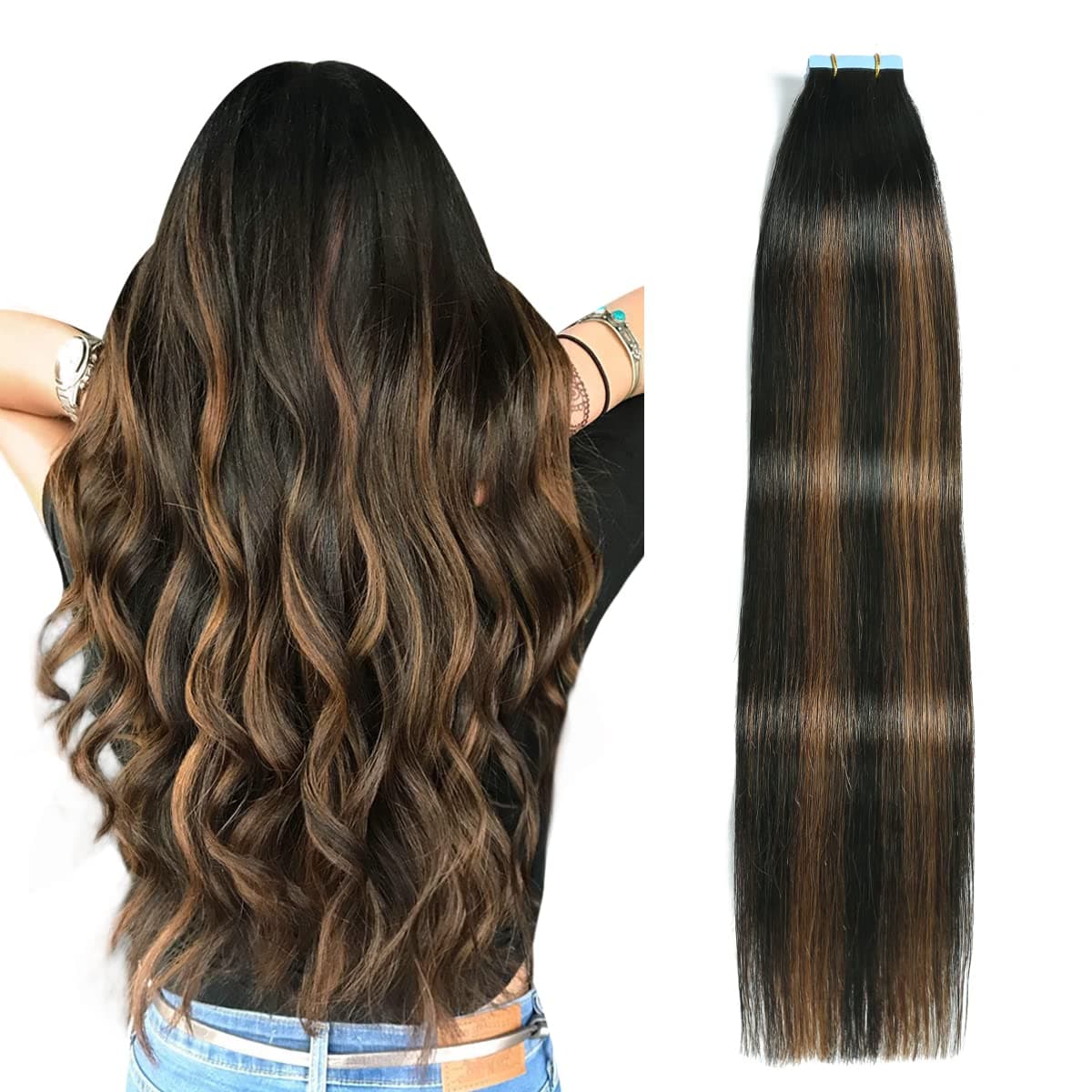 SUYYA Tape in Hair Extensions Human Hair Balayage Natural Black to Chestnut Brown 20 Inch 50gpack 20pcs Straight Seamless Skin Weft Tape in Real Human Hair Extensions20inch P1B6T1B