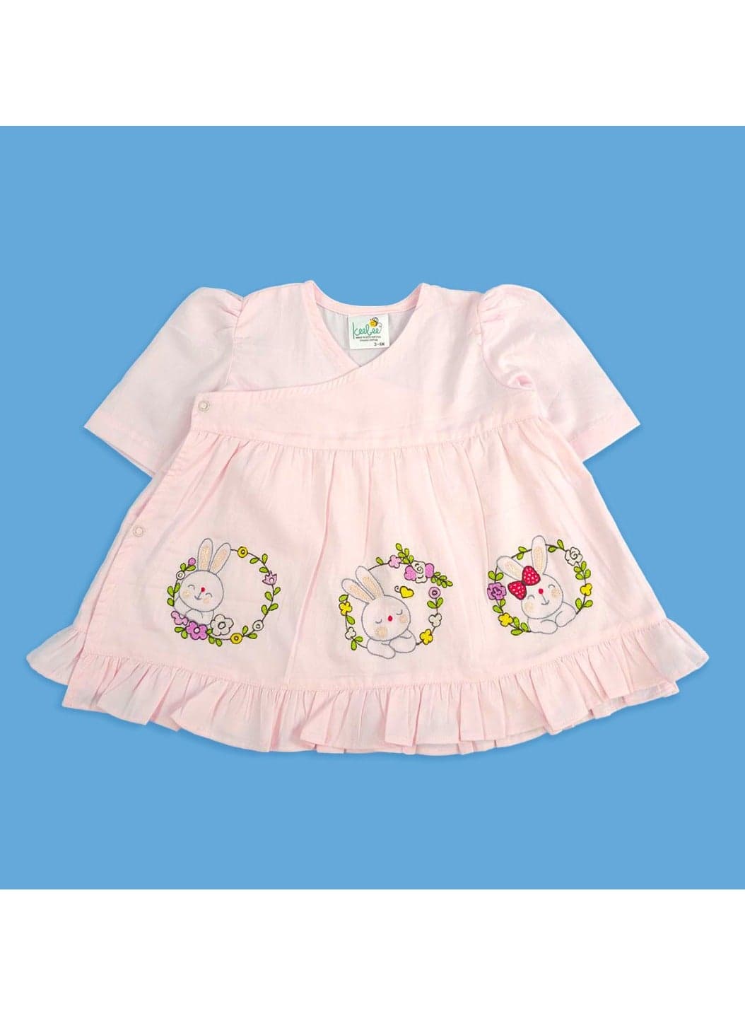 Keebee Organic Cotton Rabbits Embroidered Pink Puff Sleeve Girls Wrap Dress