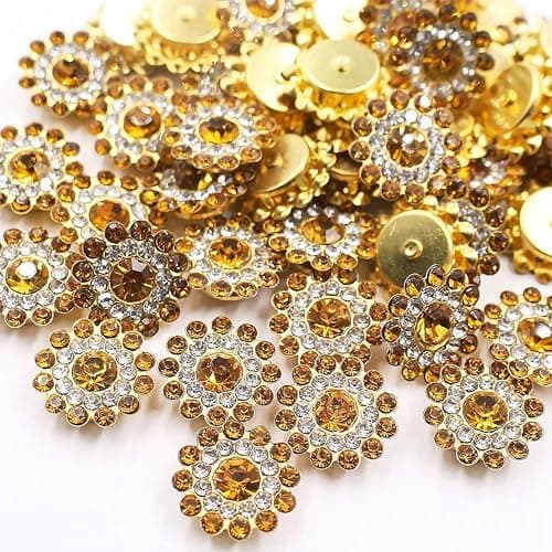 INDIKONB Zarkan Flower Buttons for Jewellery and Craft Making | AAA Quality Zircon Stones | 14mm Size | Beads for Rakhi & Craft Projects | Pack of 100 (Gold Silver)