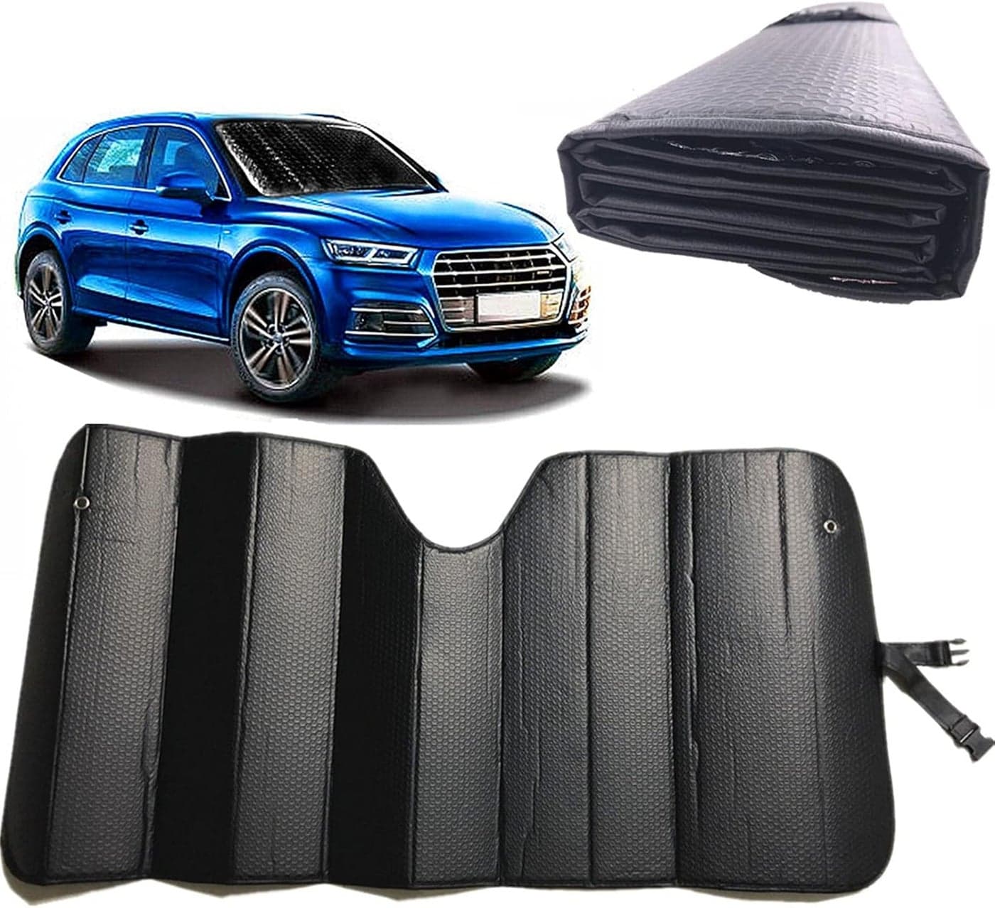 GWUSKDT Car Windshield Sunshade - Foldable Front Window Shade with 5-Layer Bubble for UV Protection and Heat Reflection (55" x 27.5", Black)