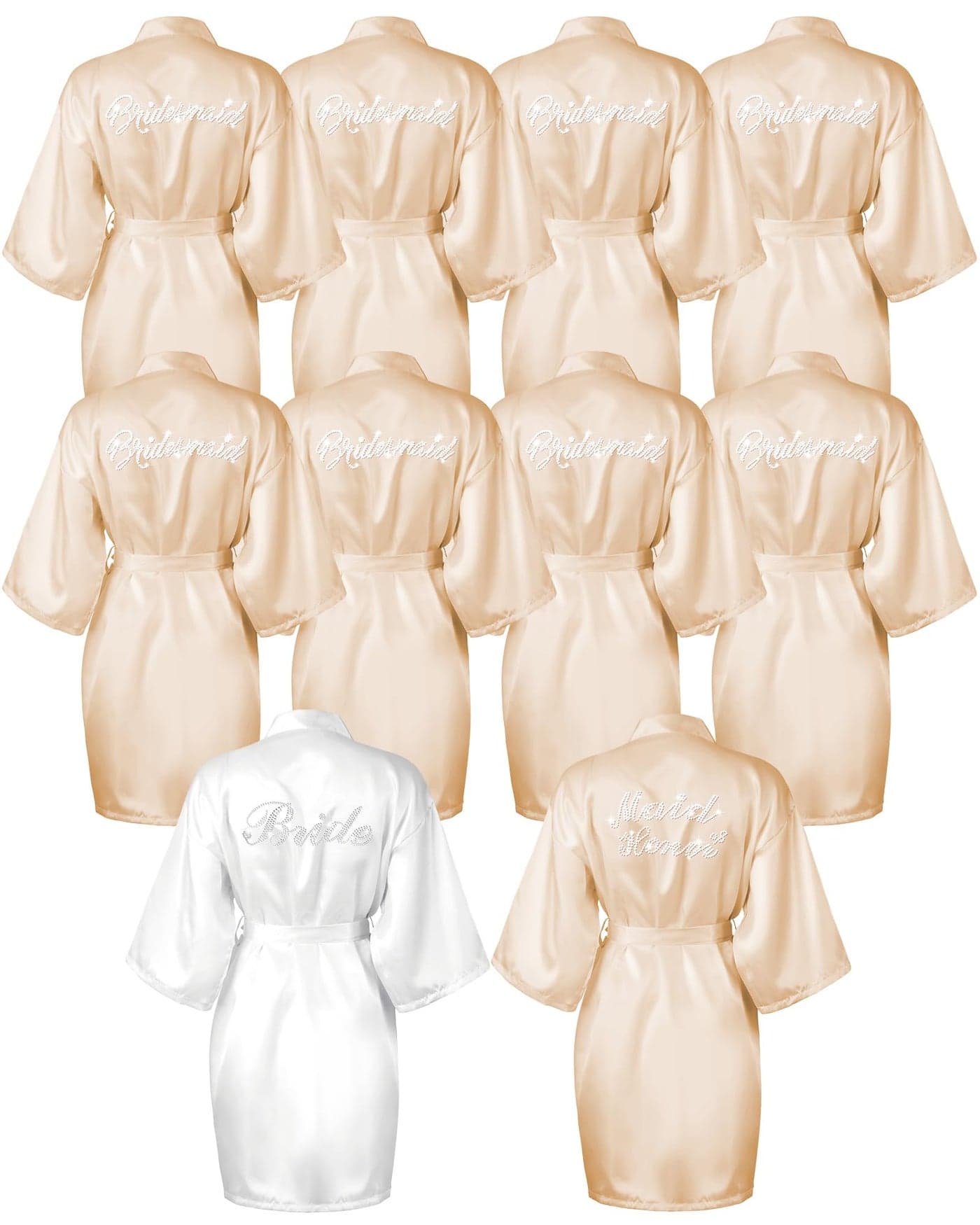Jecery 10 Pcs Bride Bridesmaid Robes Kimono Rhinestones Short Satin Robes for Women Wedding PartyWhite and Champagne