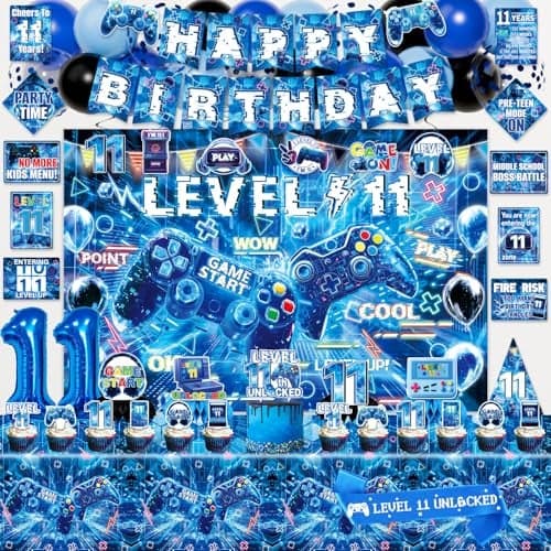 Mpanwen Gamer 11th Birthday Decorations for Boys Blue Video Game Level 11 Bday Party Decor Supplies for 11 Years Old Boy with Backdrop Tablecloth Centerpiece Hanging Swirls Hat Wall Signs