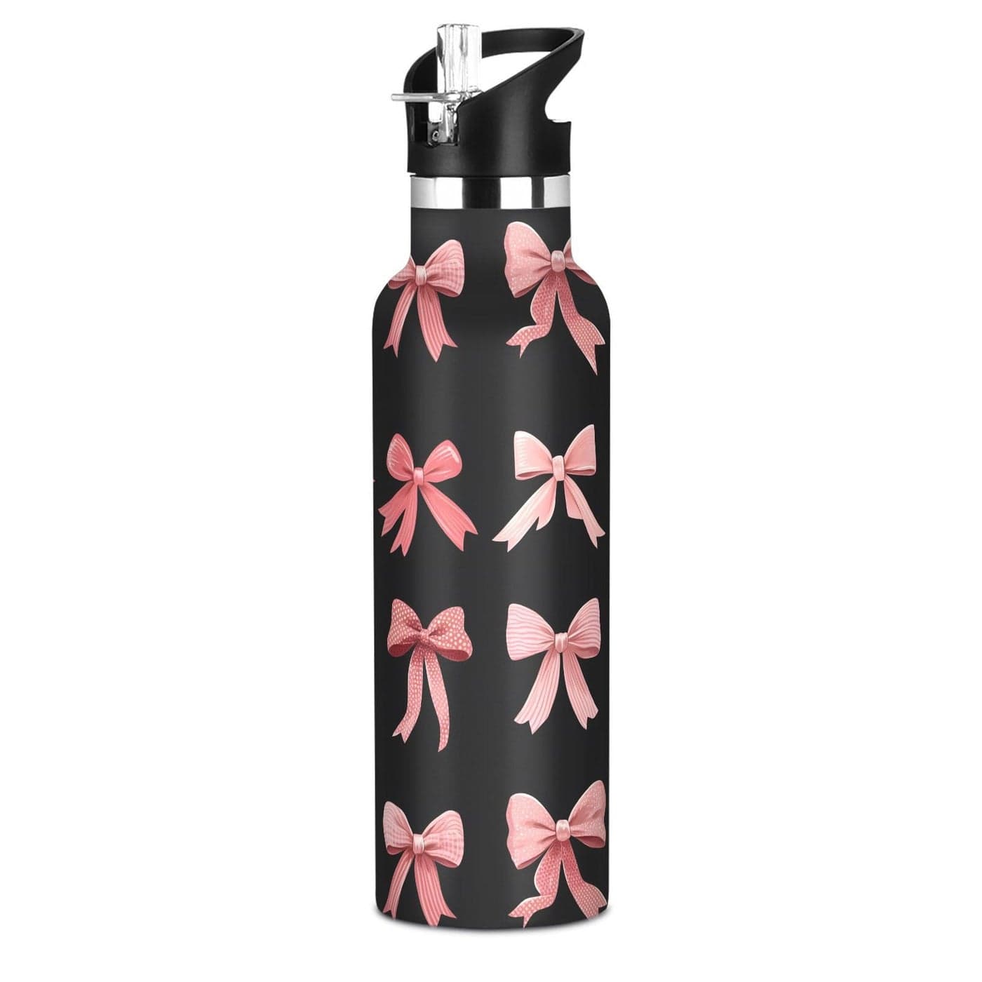 Pink Red Bow Black Water Bottles for Boys Kids Stainless Steel Thermos Bottle Cups with Straw Lid Leakproof Insulated Flask Jug 20 oz