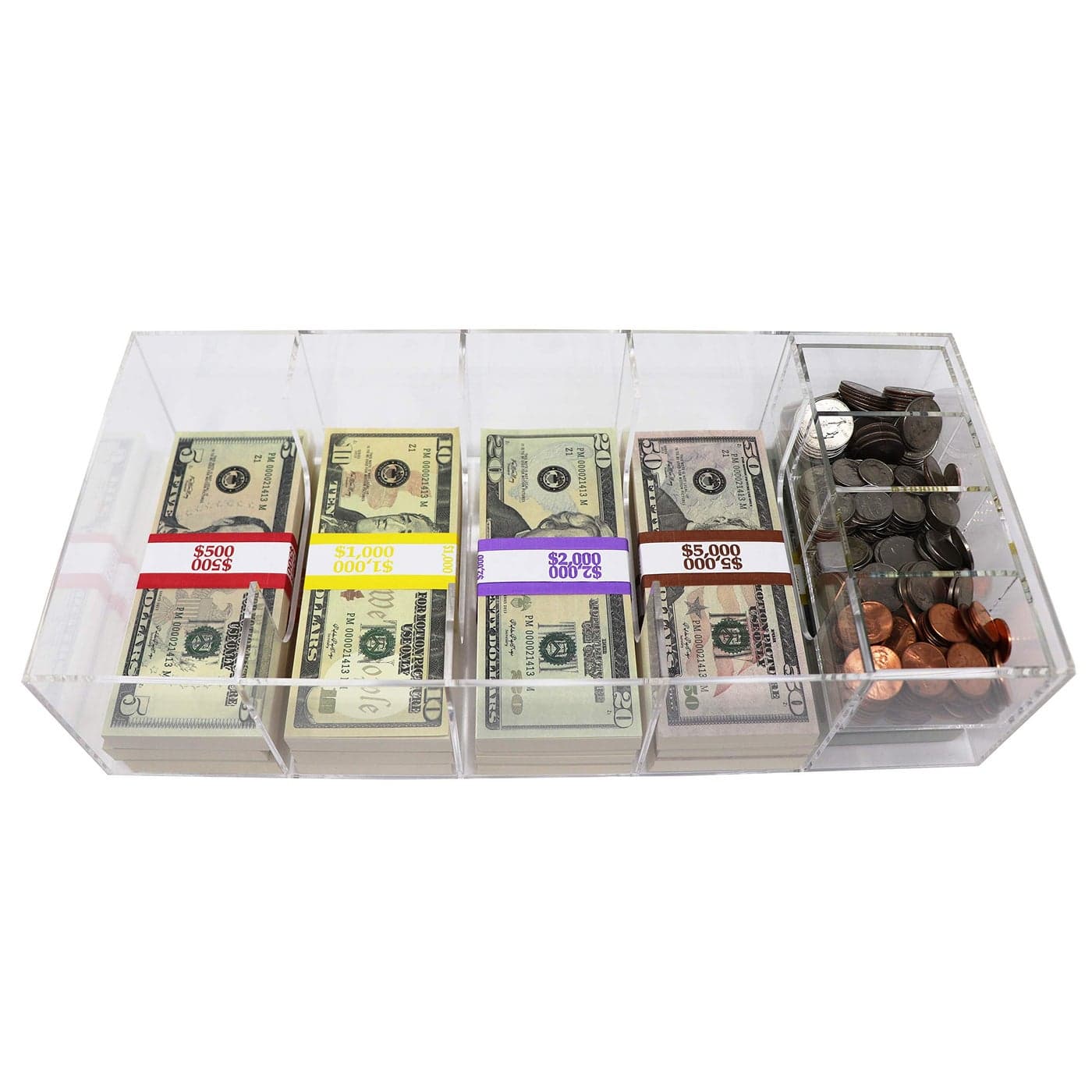 Acrylic Money Tray with Coin Tray Insert 5 Compartment Clear Cash Organizer Currency Money Storage Box 300 Money Wrappers Included