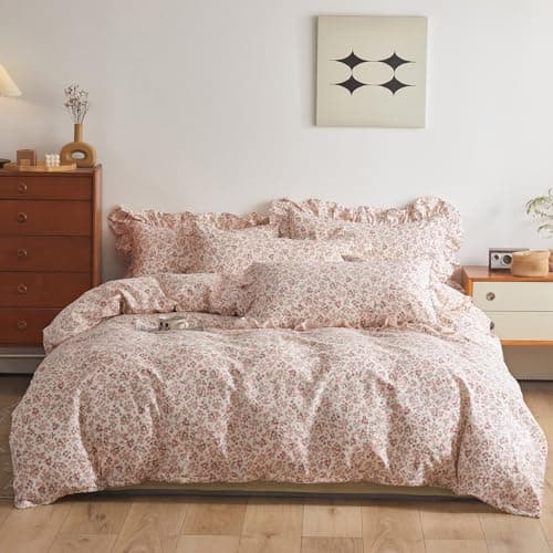 VM VOUGEMARKET Cotton Duvet Cover Twin Pink Flower Duvet Cover with Ruffle Pillowcases Teen Girls Aesthetic Bedding Set Garden Style Blooming Comforter Cover with Zipper Ties 3 pcs68x86 Inch