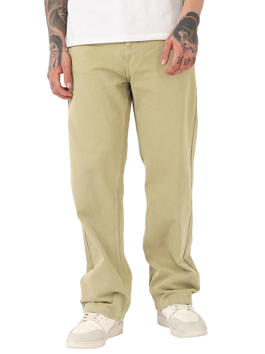 Bewakoof Men's Solid Baggy Fit Cotton Jeans_676156_Beige_32