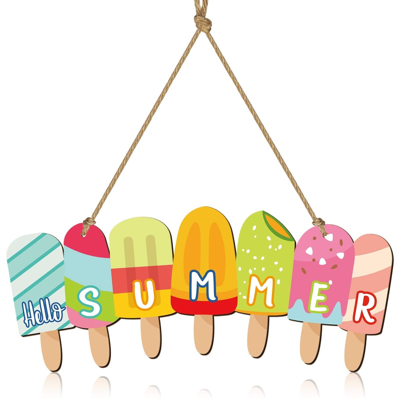 Yookeer Hello Summer Door Sign Summer Wreaths for Front Door Hanger Rustic Wooden Daisy Wall Decor Flower Flip Flops Welcome Hanging Sign for Home Office Indoor Outdoor DecorationIce Cream Style