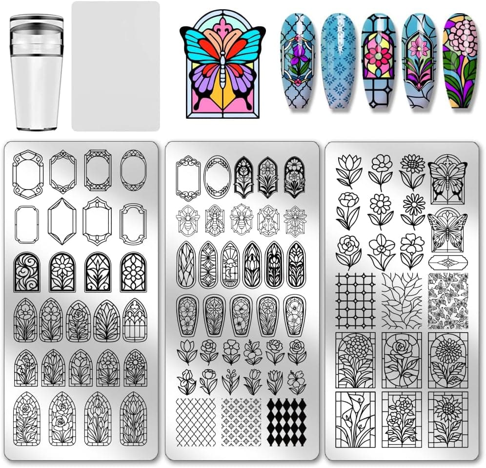 PH PandaHall 3pcs Flower Window Nail Stamping Plates Glass Window Nail Art Templates Tulip Rose Daisy Manicure Art Stencils Butterfly Nails Image Plates for Women DIY Manicures Salon Design Print