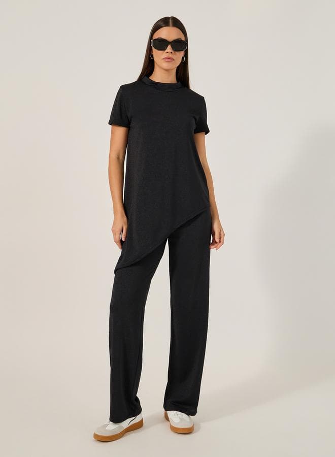 Solid Knitted Asymmetrical Top and Straight Leg Pants Set