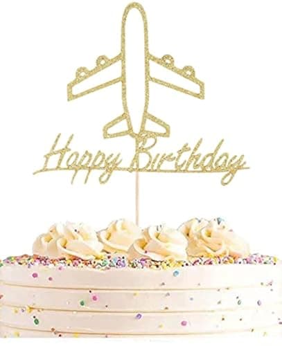 AHAORAY Airplane Cake Topper Gold Glitter Cardboard Happy Birthday Airplane Themed Party Cake Decoration Supply New Baby for Photo Booth Prop Travel Theme Cake Topper for Kids Adult