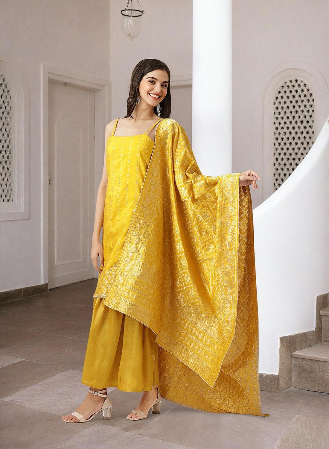 Women'S Yellow 100% Polyester Self Design Full Length Palazzo Kurta Set