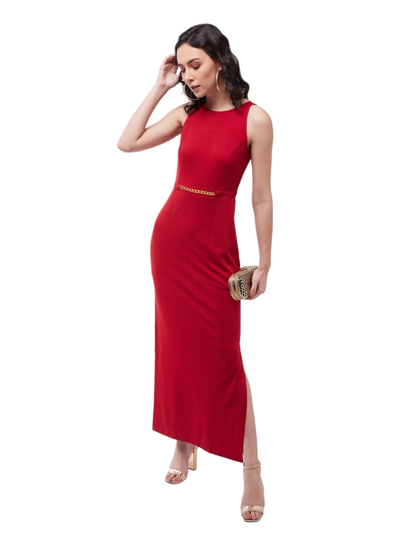 Miss Chase Women's Cherry Red Solid Slim Fit Round Neck Sleeveless Maxi Dress (MCSS21D14-73-606-02,Cherry Red,XS)