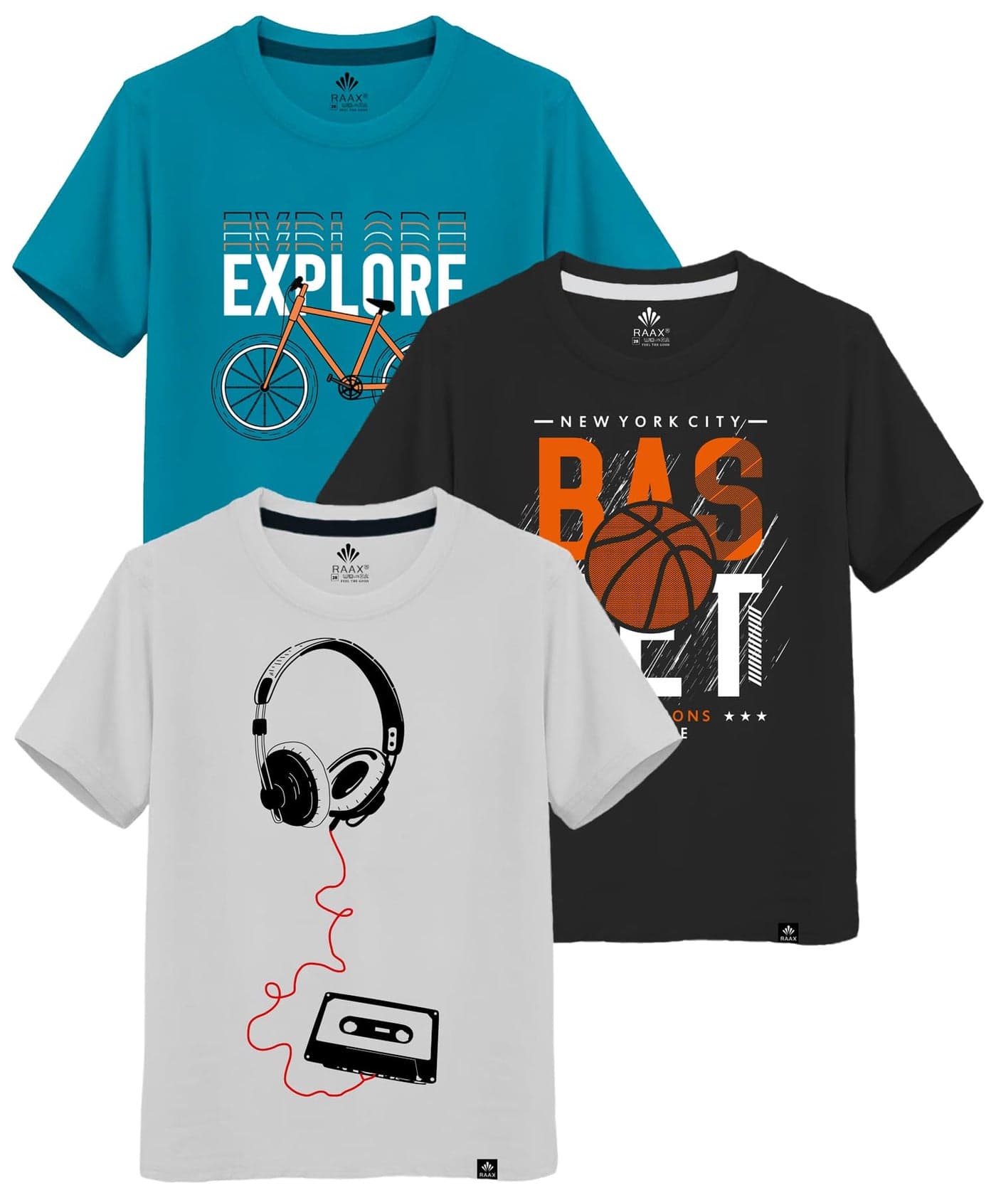 RAAX Boys Cotton Regular Fit T-Shirts (Pack of 3) (in, Age, 7 Years, 8 Years, Regular, Turcoise:Black:White)