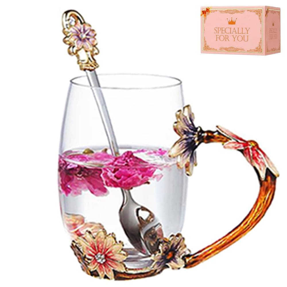 DasyFly Daisy Flower Tea CupHandmade Glass Enamel Coffee Mugs with Delicate SpoonBirthday Gift for WifeMumGirlfriendTeacher