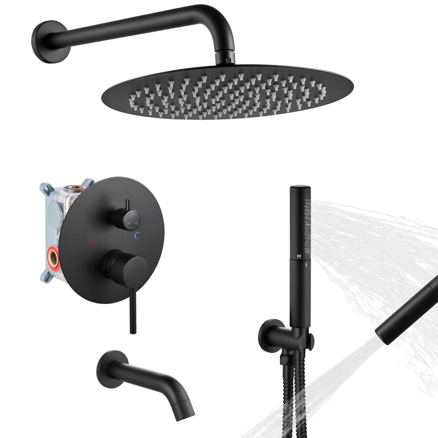 Airuida Round Shower System Set with Tub SpoutWall Mount 3 Function Rain Shower Faucet Set2 Functions Handheld Shower Tub Spout Tub Shower Combo Set Fixtures 12 Inches Shower Head Matte Black