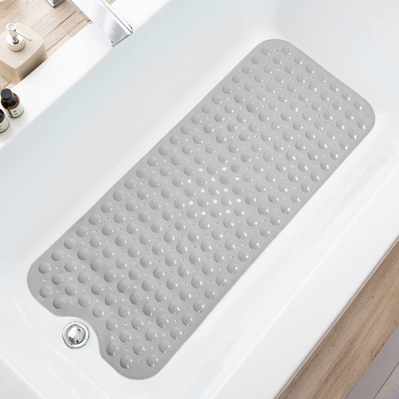 TEESHLY Bathtub Mats for Shower Tub Extra Long NonSlip 39 x 16 Inch Bath Mat with Drain Holes and Suction Cups BathMat for Bathroom with Machine Washable Opaque Gray