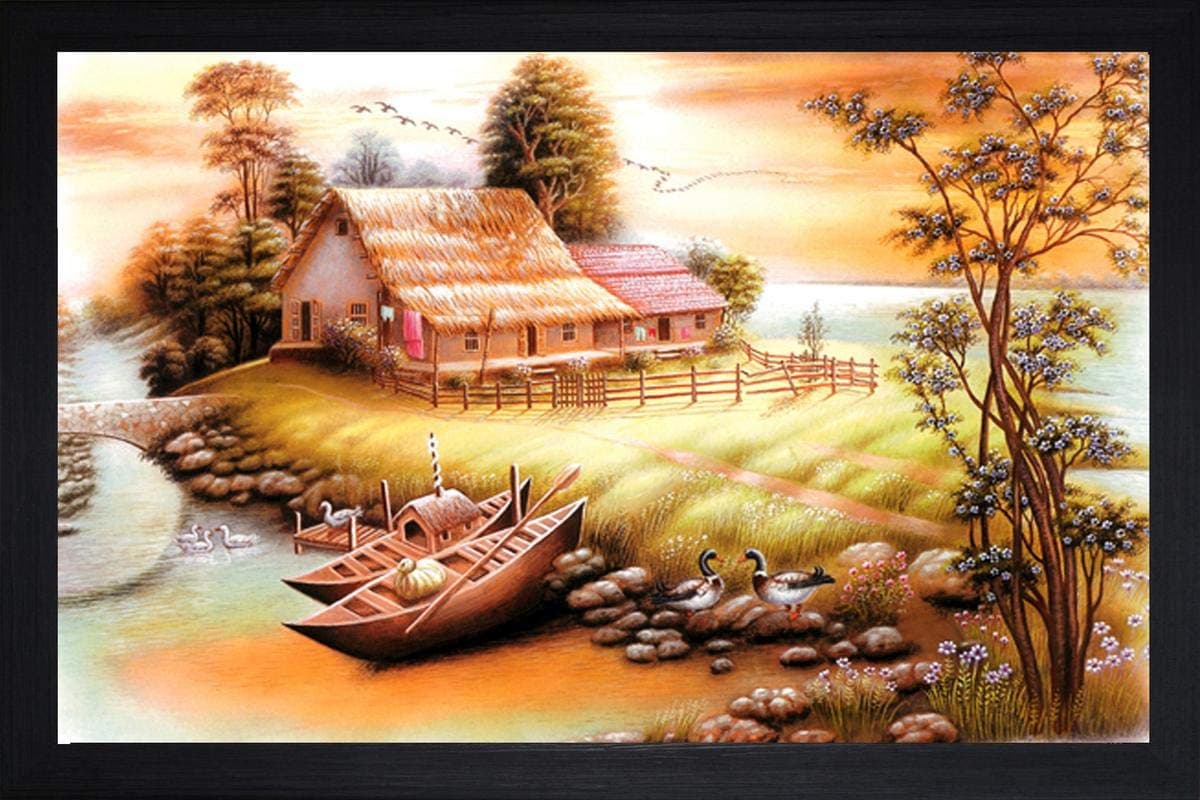 SAF paintings Rajsthani Village Large Synthetic Framed UV Digital Reprint Painting 14 inch x 20 inch SANFM5478