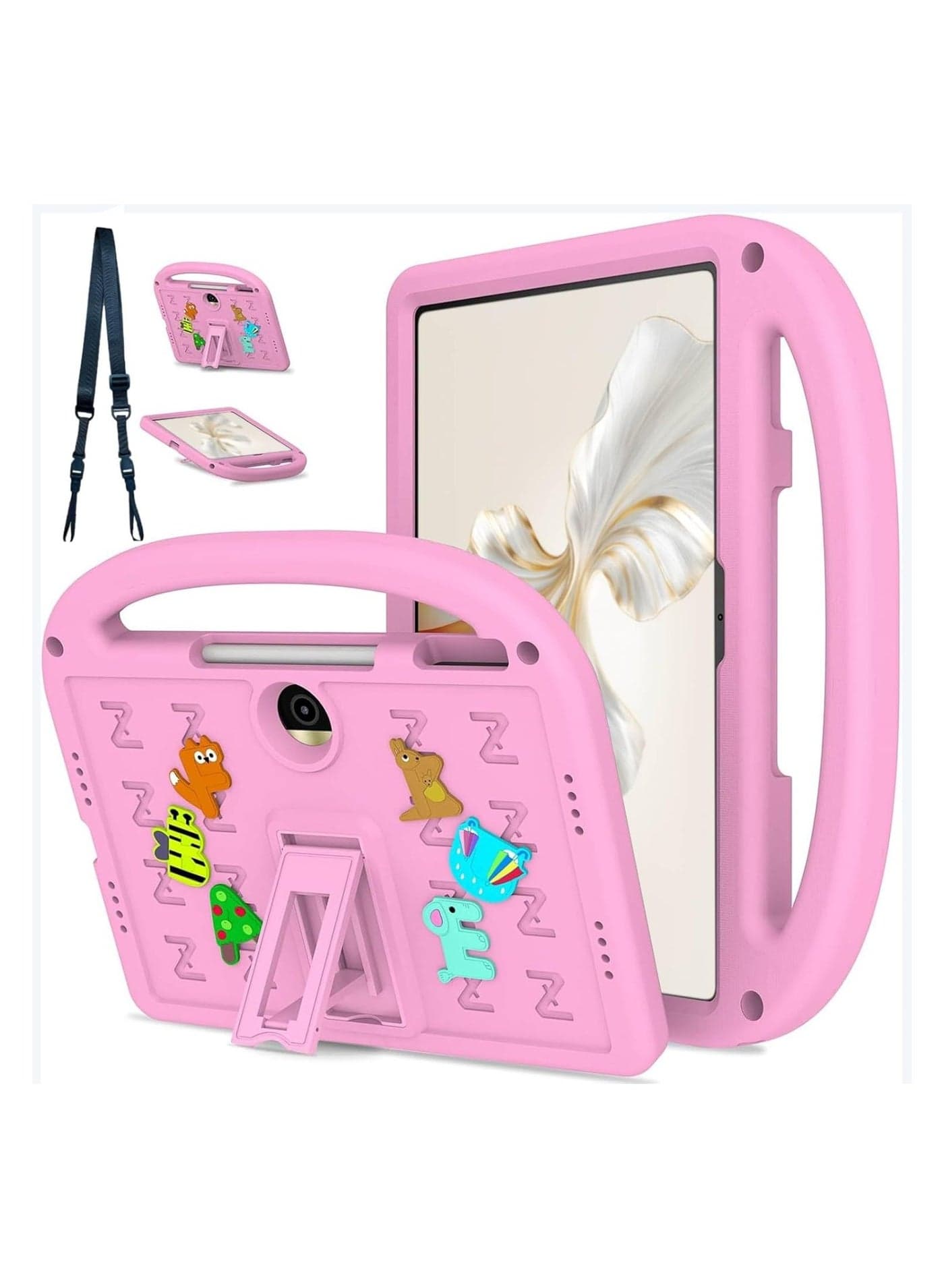 Kids Case Compatible with Honor Pad 9 12.1Inch 2024, Cute Full Body Protective Cover with Handle Stand, Lightweight Shockproof Cover with Shoulder Strap Kickstand for Honor Pad 9 2024 (Pink)