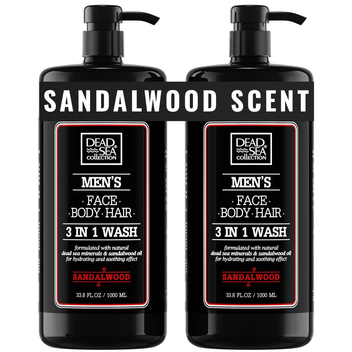 Dead Sea Collection Mens Body Wash 3 in 1 Sandalwood Body Wash for Men Shower Gel Shampoo Shower Soap for Face and Hair Pack of 2 Bottles 338 Fl Oz Each
