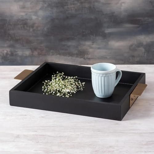Nestroots Wooden Serving Tray with Golden Handle | Chic Black Server for Snacks, Food & Drinks | Stylish Multipurpose Tray for Dining, Kitchen & Home Dcor (15 Inches)