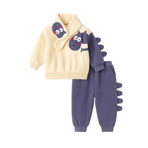 Bold N Elegant Kids Fleece Lined Winter Sweatshirt, Joggers & Muffler Set | Warm Dino & Panda Print Co-Ord Set for Boys & Girls Upto 6 Years (Lavender Blue, 6-12 Months)