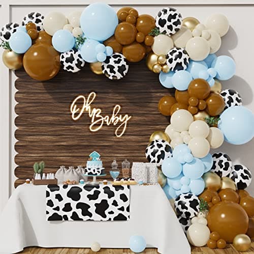 BALONAR 135Pcs Cow Boy Blue Balloons Arch Garland Kit with 18105inch Sand White Coffee Cow Print Farm Animal Gold Balloons for Boy Birthday Party Baby Shower Birthday Supplies Blue