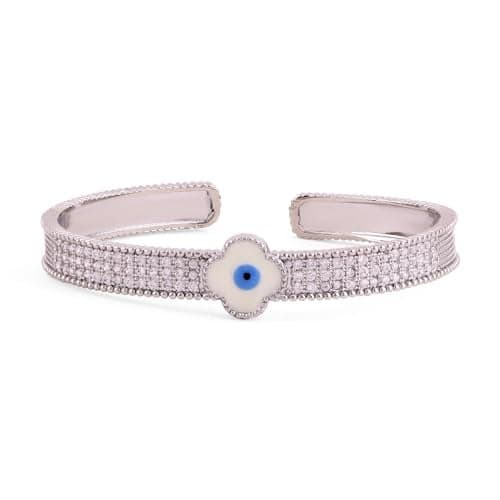 Rubans Rhodium-Plated Evil Eye Cuff Bracelet with Cubic Zirconia Detailing