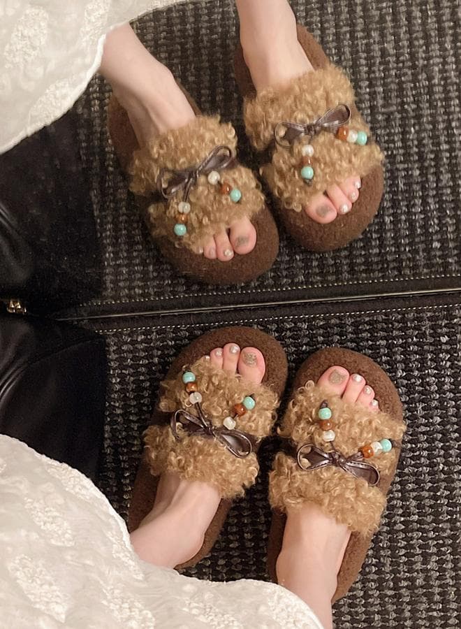Plush Slides with Beaded Bow — 38
