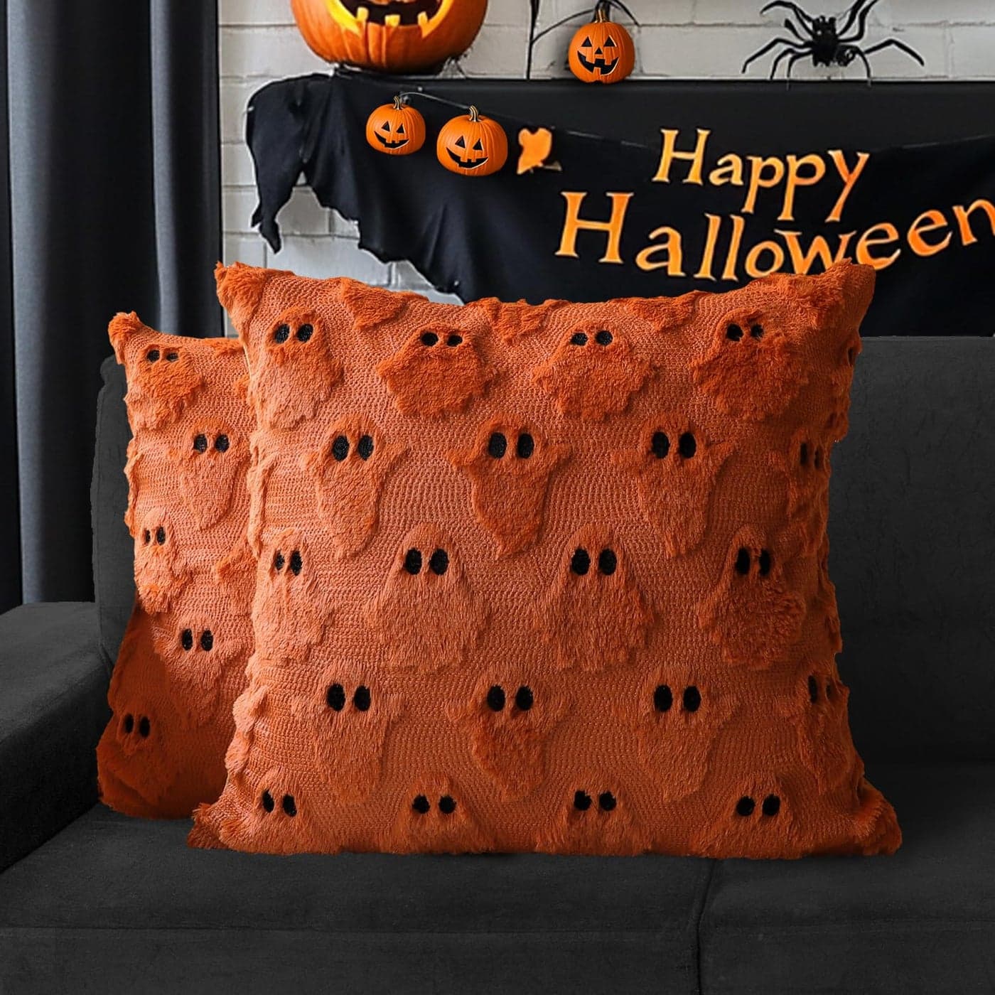4TH Emotion Halloween Ghost Decorative Pillow Covers 18x18 Set of 2 Rust Red Soft Plush Faux Fur Farmhouse Throw Cushion Cases for Fall Autumn Holiday Home Decorations