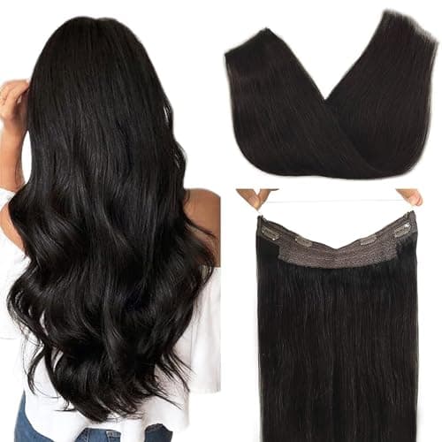 GOO GOO Wire Hair Extensions Human Hair, 1B Natural black Natural 20inch 110g, Invisible Wire Hair Extensions with Transparent, Seamless Fish Line Hairpiece