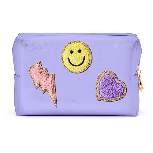 LieToi Preppy Patch Cosmetic Toiletry Bag, PU Leather Portable Waterproof Makeup Bag Smile Lightning Heart Organizer Compliant Bag Daily Travel Use Storage Purse for Women Girls (Large, Taro Purple)