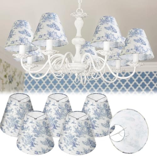 VIHOSE 6 Pcs Chandelier Lamp Shades Small Lamp Shade 3" Top x 6'' Bottom x 5'' Slant French Countryside Toile Clip on Lampshade for Wall Sconces Pendant Lighting(Crane and Human,Blue and White)