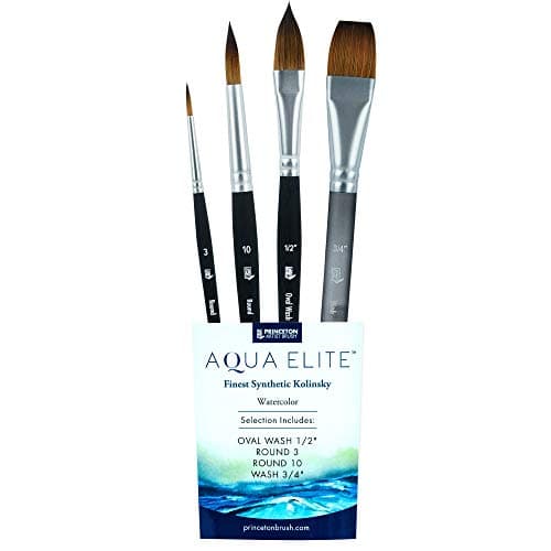 Princeton Artist Brush Co Aqua Elite 4850 Series - 4pc Watercolor Brush Set - Synthetic Watercolor Brushes Professional Kolinsky Sable Brushes - 1/2” Oval Wash, 3/4" Wash, Round 3 & Round 10
